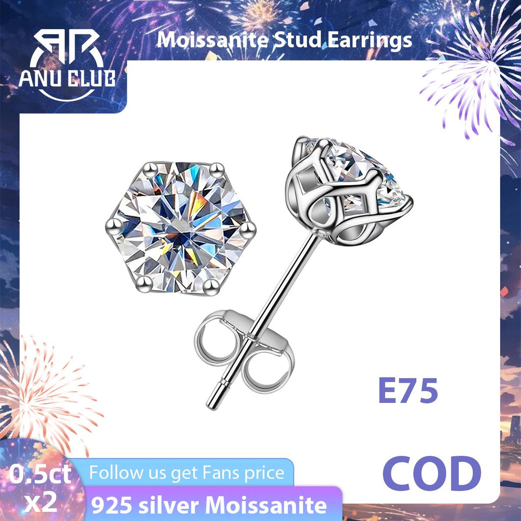 [COD] AnuJewelry E75 Moissanite Round Cut 0.5/1ct D Color 6 Prong 100% Legit Italy 925 Sterling Silver Stud Earring for Woman Eman Jewelry