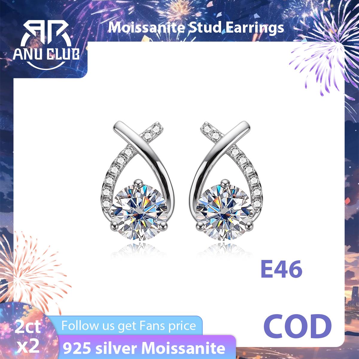 [COD] AnuJewelry E46 Moissanite Round Cut 2ct D Color 3 Prong 100% Legit Italy 925 Sterling Silver Stud Earring for Woman Eman Jewelry