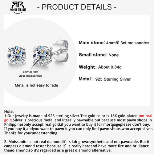 [COD] AnuJewelry E1 Moissanite Round Cut 4mm 0.3ct D Color 4 Prong 100% Legit Italy 925 Sterling Silver Stud Earring for Woman Eman Jewelry
